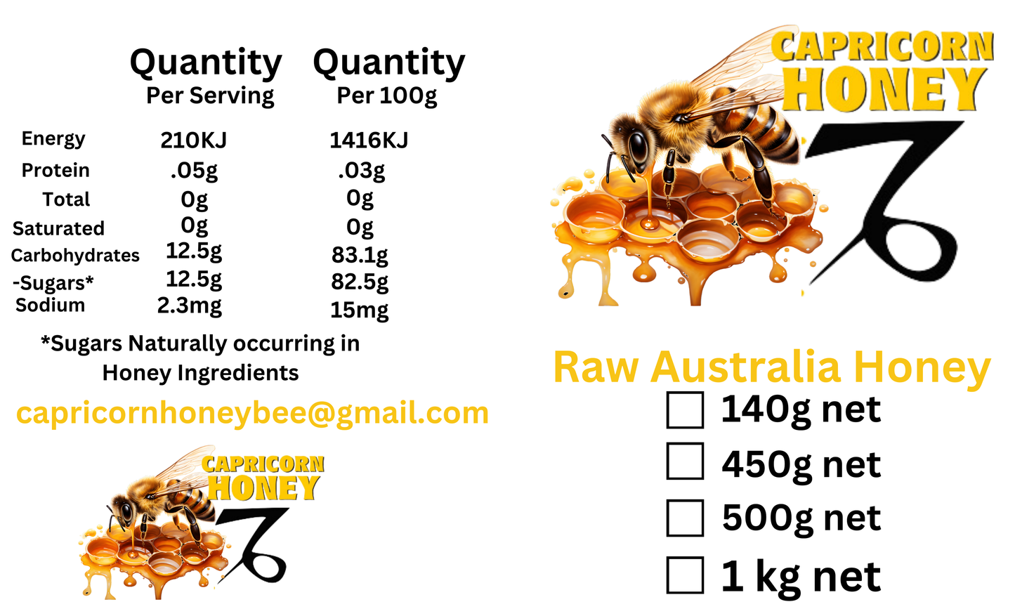 Capricorn Honey packaging with honeycomb illustration, nutritional information, and honey quantity options.