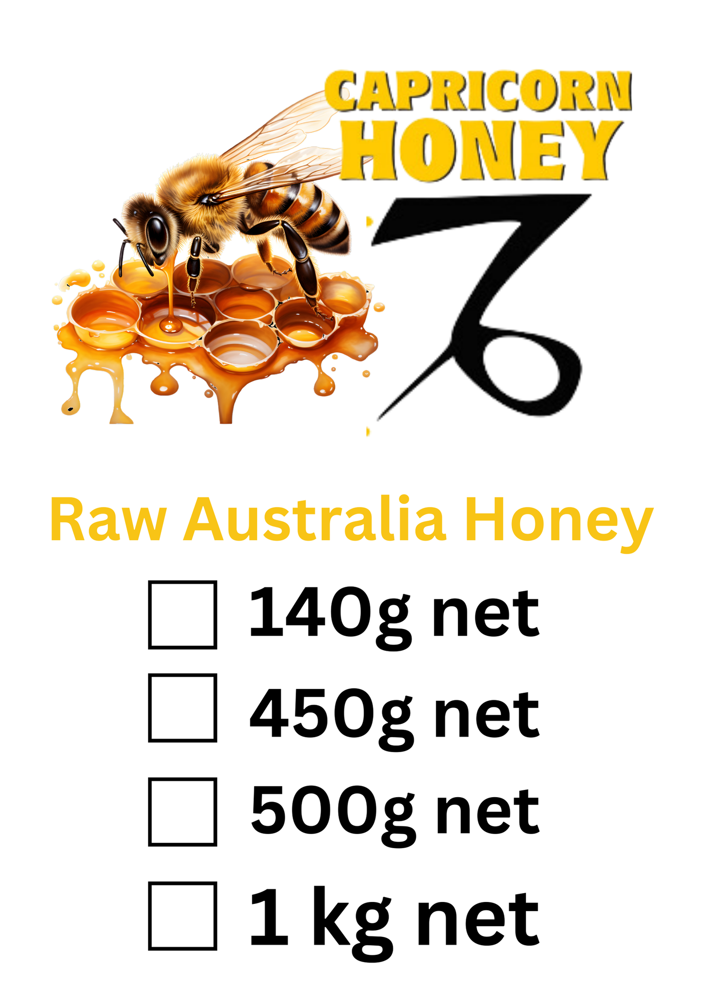 Capricorn Honey packaging with a bee and honeycomb illustration on a white background