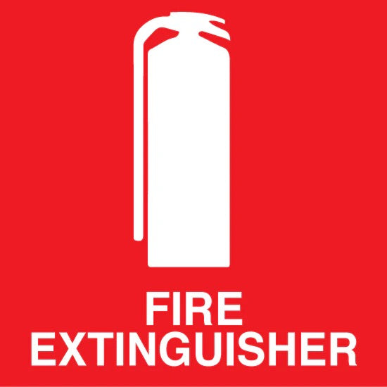 White fire extinguisher symbol and text on a red background