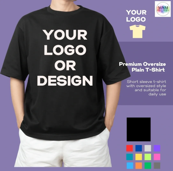 Black t-shirt with 'Your Logo or Design' text on a purple background