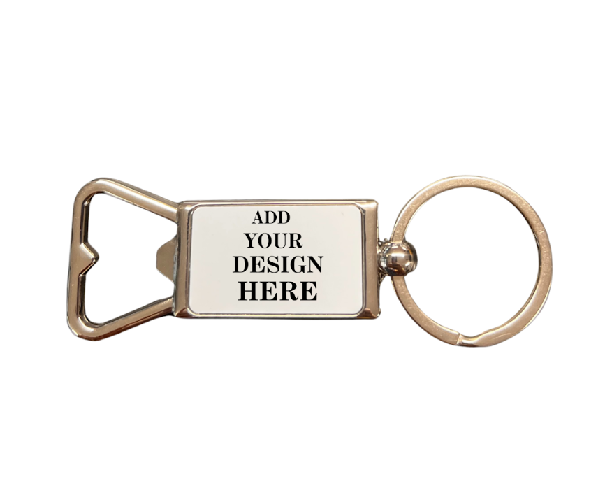 Keychain with a rectangular plate for personalization on a white background