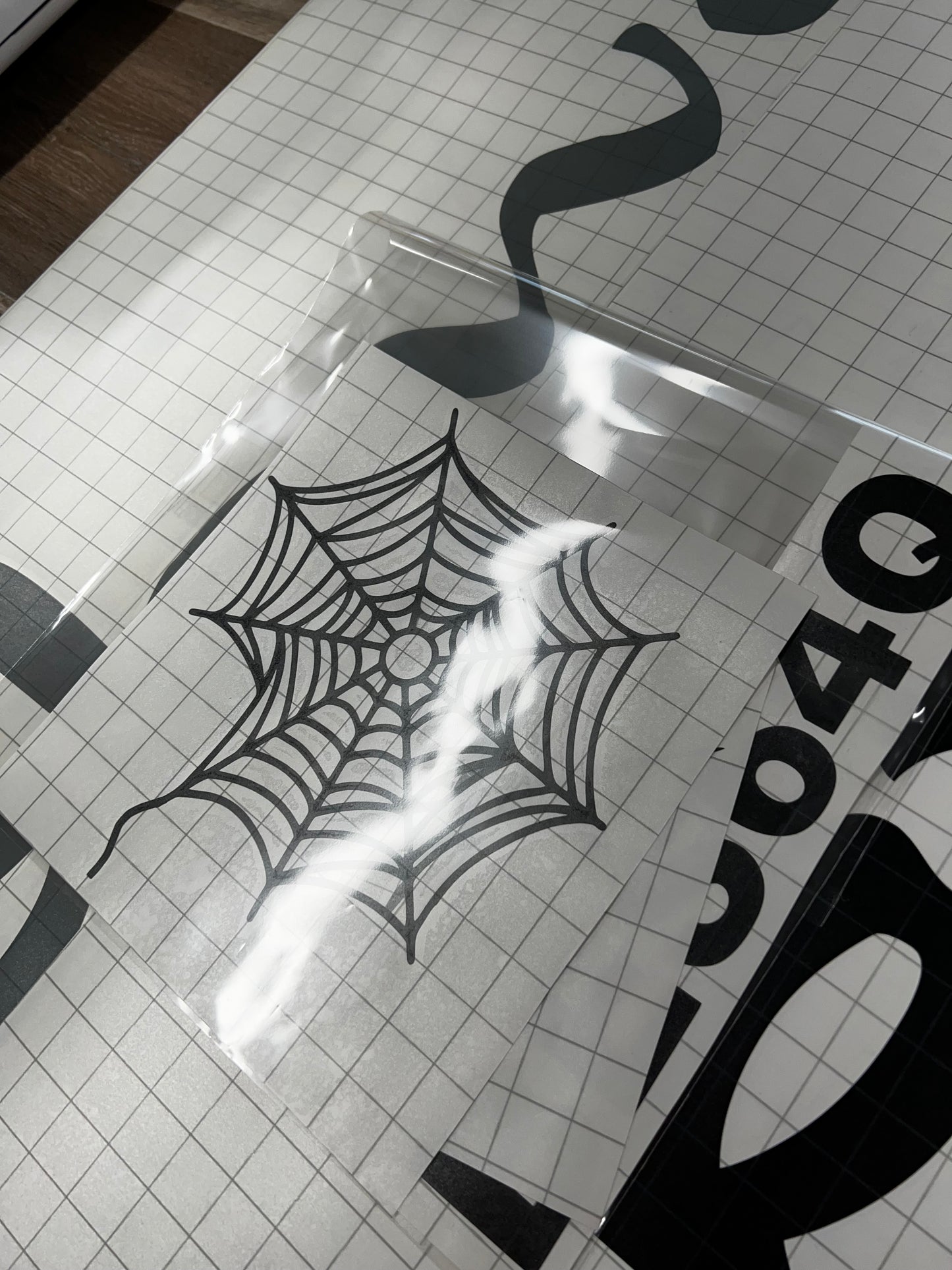 Spider web design on a transparent sheet with grid paper in the background