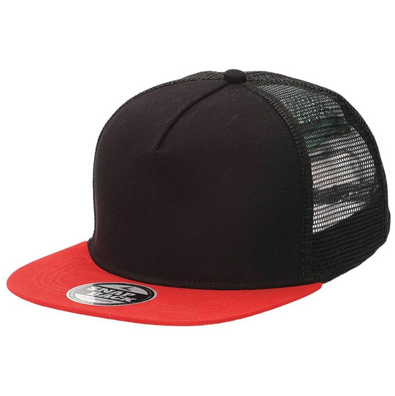 Black and red trucker cap with mesh back on a white background