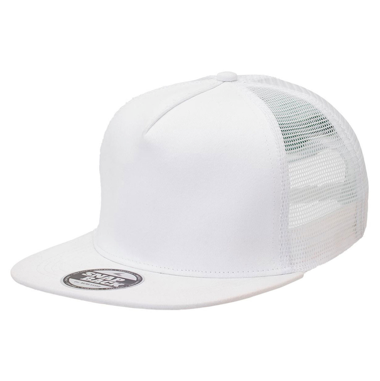 White trucker cap with mesh back on a white background